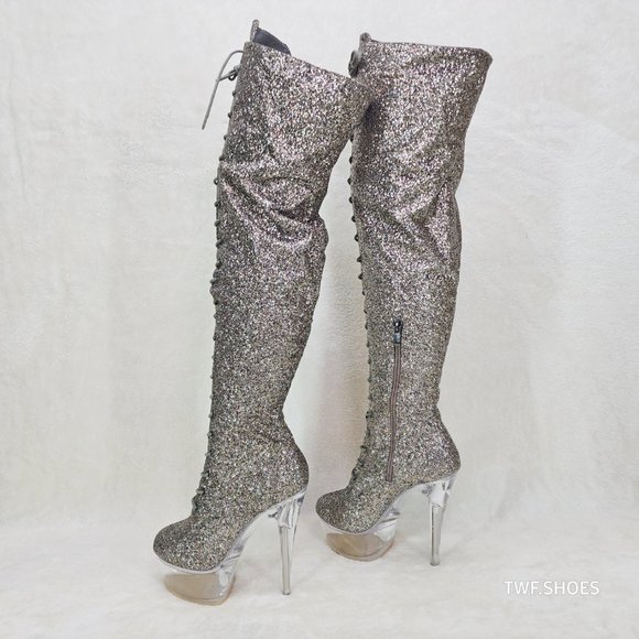 Bulls Silver Glitter Lace Up OTK Platform High Heel Thigh Boot - Picture 3 of 17